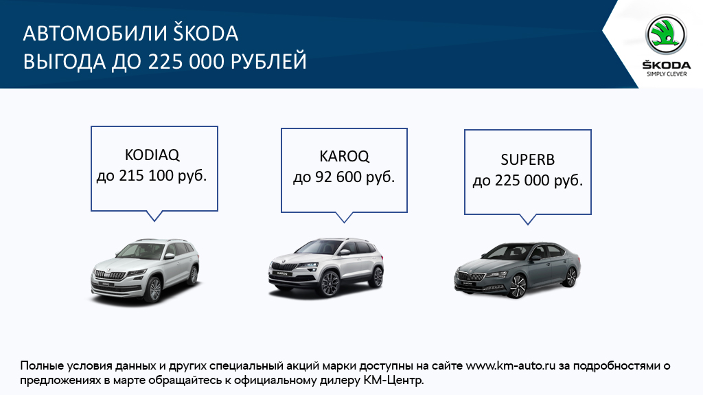 Выгода на автомобили Skoda до 225000 рублей