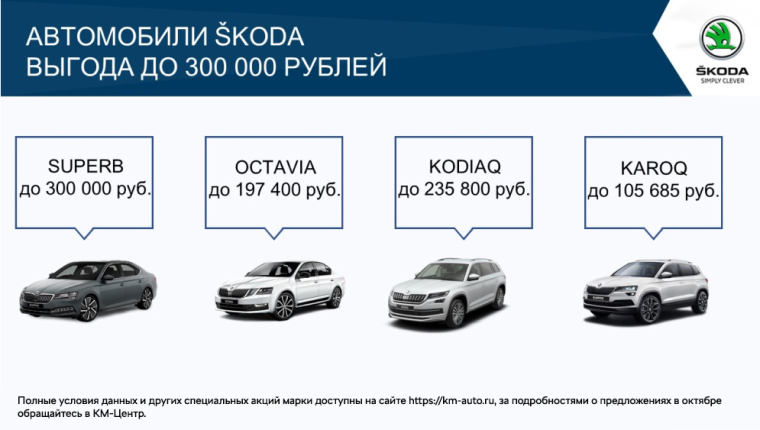 Максимальная выгода на автомобили SKODA в октябре 2021